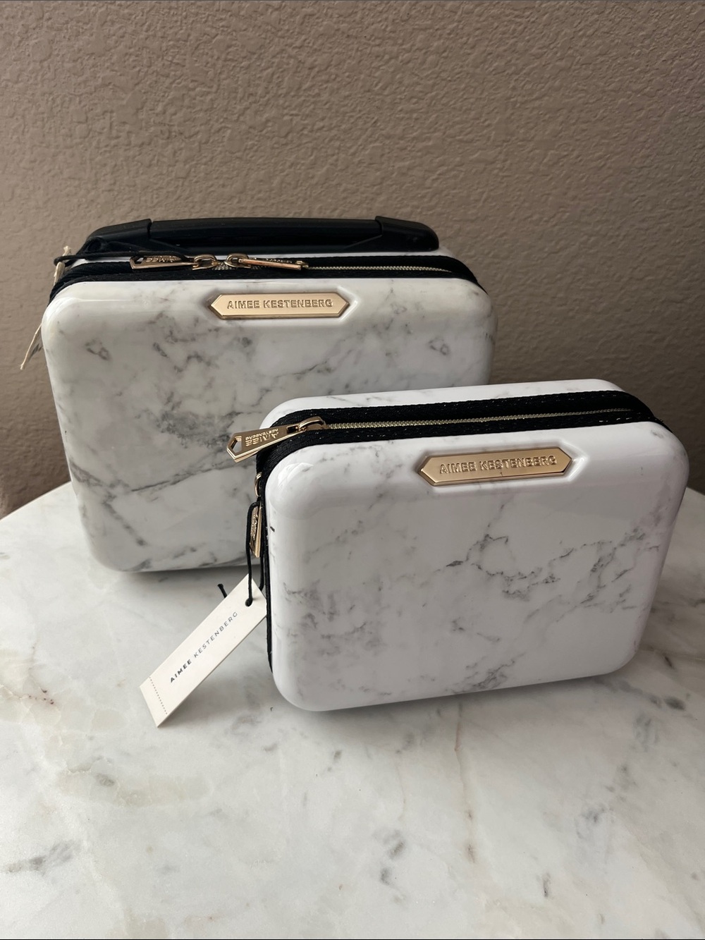 Aimee Kestenberg White Marble Cosmetic Cases with Gold Trim